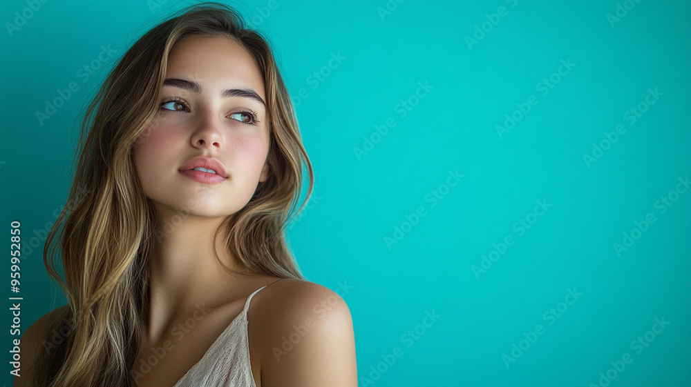 A beautiful young Millennial woman with thick hair. Turquoise background. A beautiful young Millennial woman with thick hair. Turquoise background.