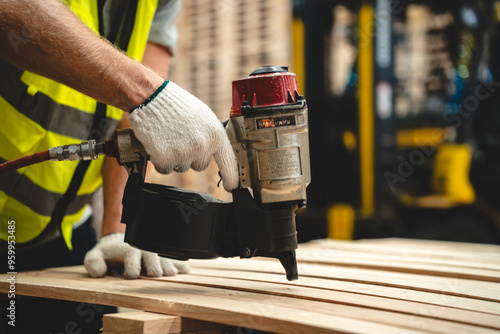 Photos A man in a yellow vest is using a nail gun to attach wood to a pallet