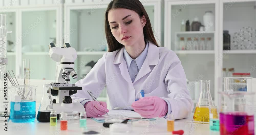 Woman scientist pours powdered sample into glass container. Professional researcher prepares specimen for upcoming experiment slow motion Woman scientist pours powdered sample into glass container. Professional researcher prepares specimen for upcoming experiment slow motion
