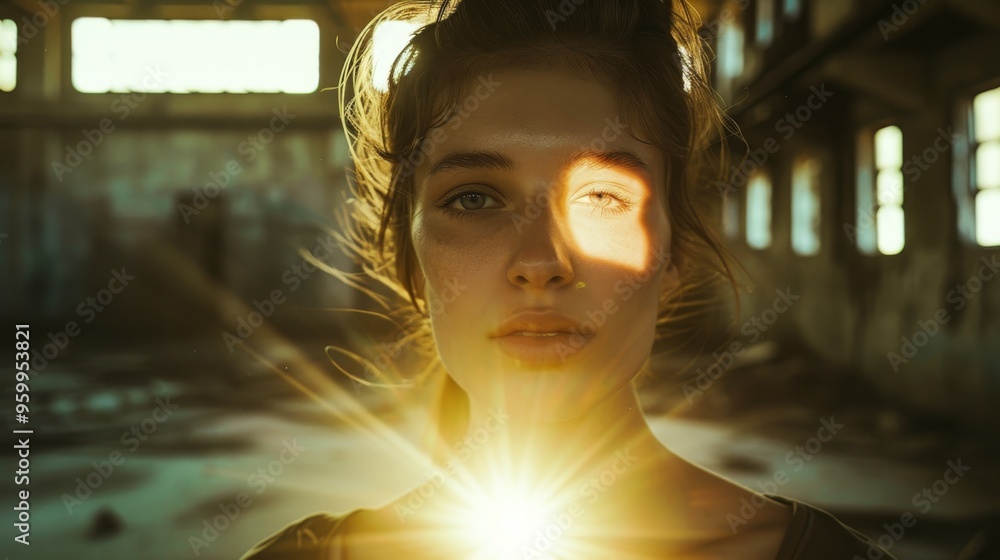 A close-up portrait of a young woman standing in an abandoned building. Sunlight creates dramatic lighting on her face, highlighting her serene expression and the desolate background. A close-up portrait of a young woman standing in an abandoned building. Sunlight creates dramatic lighting on her face, highlighting her serene expression and the desolate background.