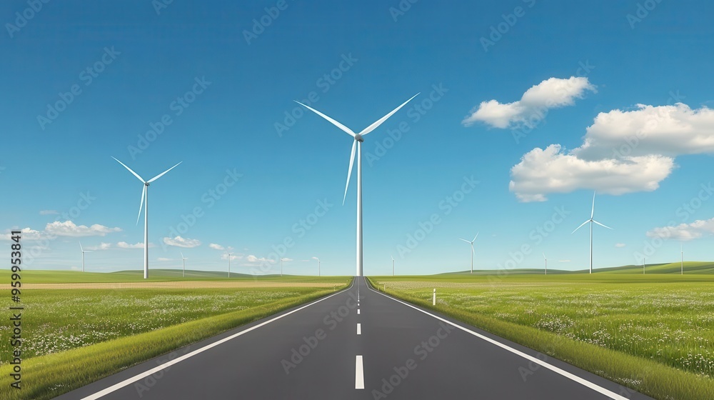 Endless rural road with animated wind turbines, flat design, front view Endless rural road with animated wind turbines, flat design, front view