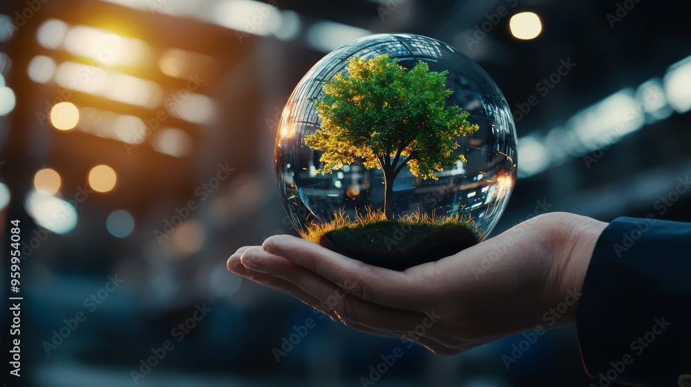 Fototapeta premium Hand supporting a glass globe with a tree and industrial elements, balance of nature and technology, 3D illustration