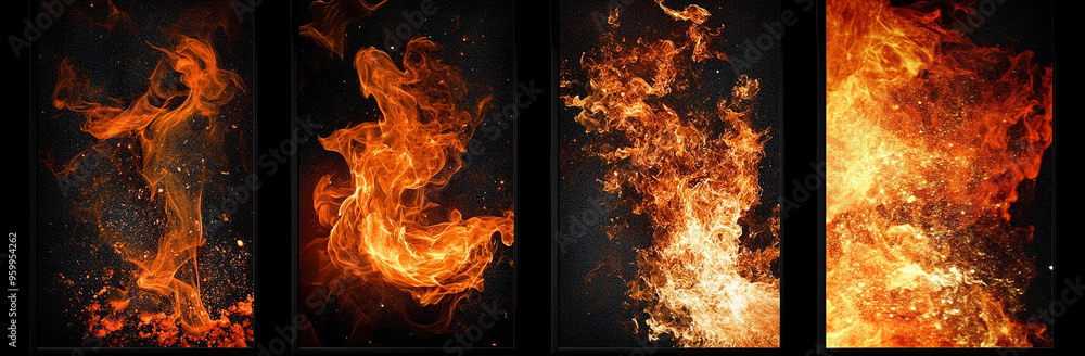 Fototapeta premium Four distinct flame patterns showcased in separate panels, isolated on a black background, presented in high-resolution photography to highlight the intensity and beauty of fire.
