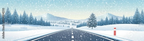 Road through a snowy landscape with animated snowfall, flat design, front view