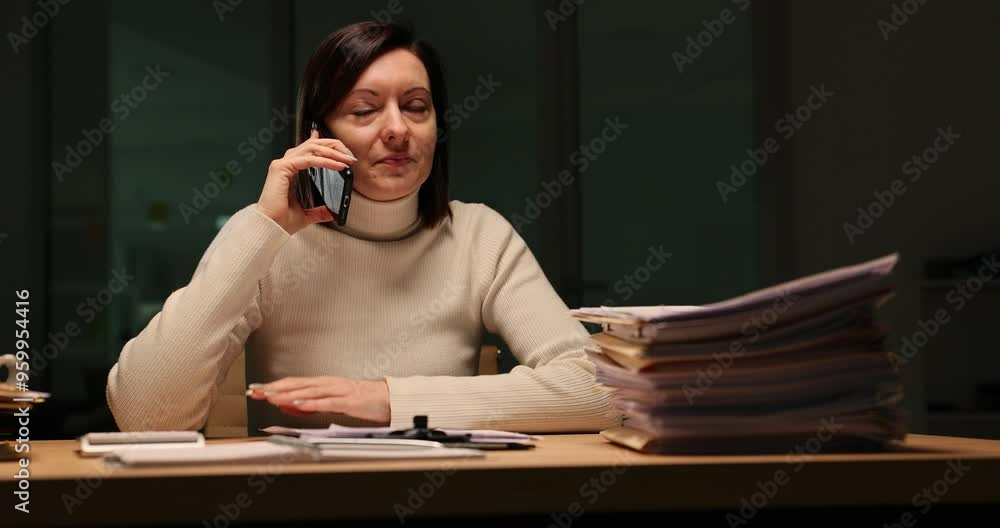 Woman sits at desk, intently talking to a client on phone, surrounded by stacks of papers late at night in office Woman sits at desk, intently talking to a client on phone, surrounded by stacks of papers late at night in office