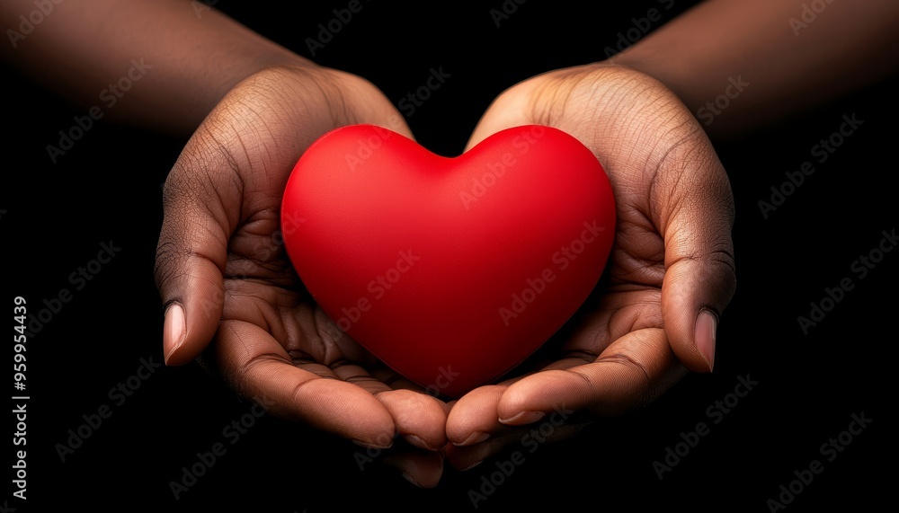 Obraz premium Human hands cradling a red heart, health and compassion concept, 3D illustration