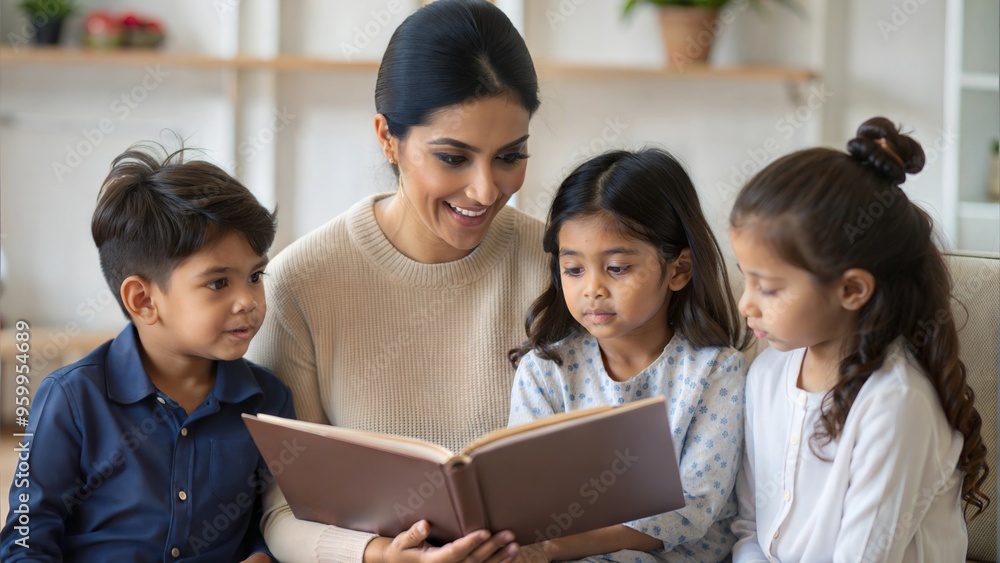 An Indian teacher reading a storybook to children, encouraging imagination and listening skills. An Indian teacher reading a storybook to children, encouraging imagination and listening skills.