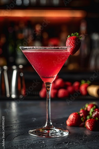 Vibrant Strawberry Margarita in a Martini Glass with Garnished Rim and Strawberries photo