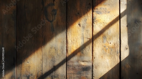 Sunlit Diagonal Shadow on Weathered Wood Planks photo