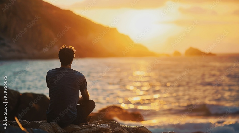 Man Contemplating Sunset Over Ocean Man Contemplating Sunset Over Ocean