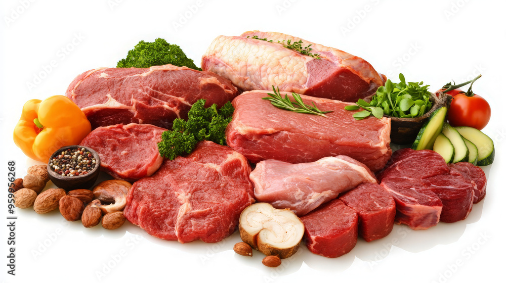A variety of fresh cuts of meat, including beef, pork, and lamb, are arranged on a white background with fresh vegetables, herbs, and spices. A variety of fresh cuts of meat, including beef, pork, and lamb, are arranged on a white background with fresh vegetables, herbs, and spices.