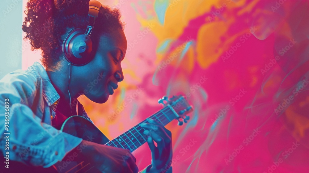 Young Woman Playing Acoustic Guitar with Headphones and Colorful Background Young Woman Playing Acoustic Guitar with Headphones and Colorful Background