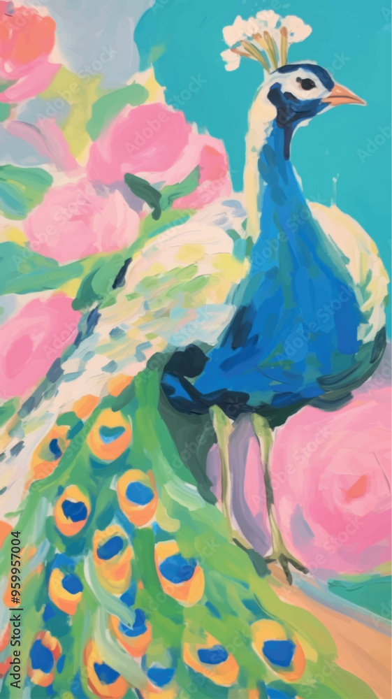 Obraz premium Colorful peacock painting with flowers