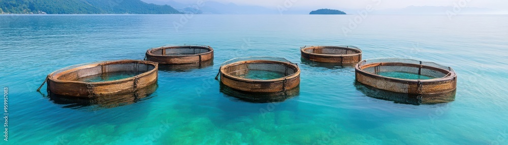 Serene coastal view featuring floating circular enclosures in clear turquoise water, perfect for aquaculture and marine life. Serene coastal view featuring floating circular enclosures in clear turquoise water, perfect for aquaculture and marine life.