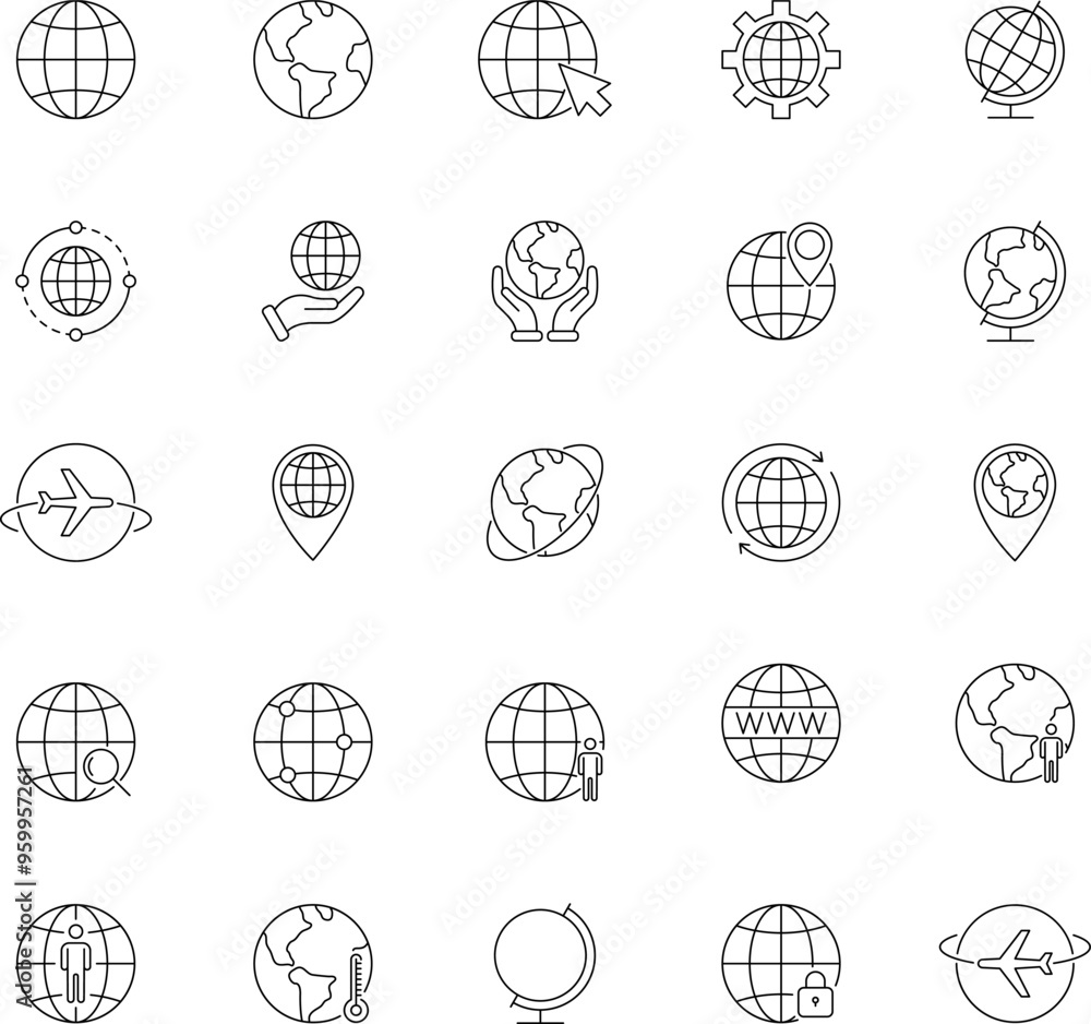 World globe line icon. Vector Earth global country map sign. Travel internet globe vector collection. World globe line icon. Vector Earth global country map sign. Travel internet globe vector collection.