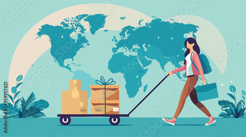 Global Business Relocation Concept with Businesswoman Pushing Office Cart, Symbolizing Workplace Mobility