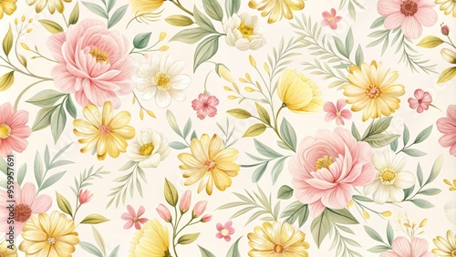 Delicate, hand-drawn floral pattern of soft pink and yellow blooms on a smooth, creamy white seamless background, perfect for design, printing, and digital art.