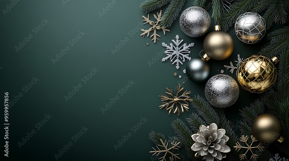 Christmas and Happy New Year greeting card design with pine tree branches, Christmas ornaments, snowflake decorations on a dark background Christmas and Happy New Year greeting card design with pine tree branches, Christmas ornaments, snowflake decorations on a dark background