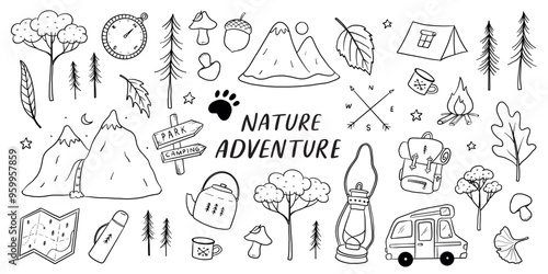 Camping, hiking, adventure doodles collection for coloring books, prints, cards, social media, stationery, wallpaper, banners, etc. EPS 10 