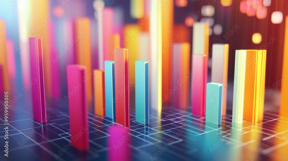 A vibrant 3D bar graph with colorful bars rising from a grid background, representing financial growth and data analytics in a modern, futuristic design. A vibrant 3D bar graph with colorful bars rising from a grid background, representing financial growth and data analytics in a modern, futuristic design.