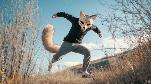 Realistic photo of a child quadrober wearing an animal mask and an animal tail running like an animal on his hands and feet, cinematic shot photo