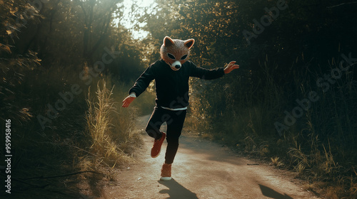 Realistic photo of a child quadrober wearing an animal mask and an animal tail running like an animal on his hands and feet, cinematic shot photo