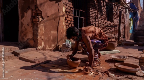 Potter from ancient Mesopotamia handbuilding a clay vessel with a focus on intricate coiling and slipcasting techniques photo