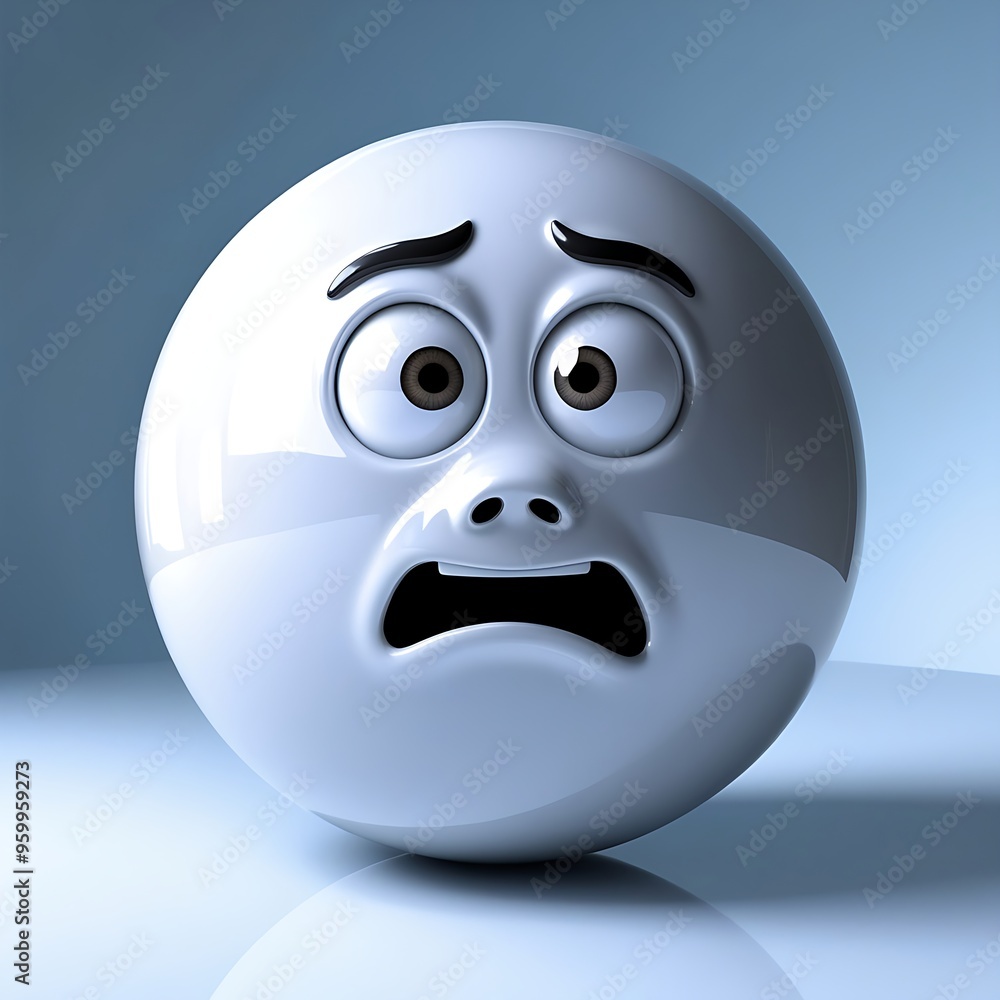 White globe character, frightened, wide eyes, slightly open mouth, reflective surface, soft blue gradient background, 3D. White globe character, frightened, wide eyes, slightly open mouth, reflective surface, soft blue gradient background, 3D.