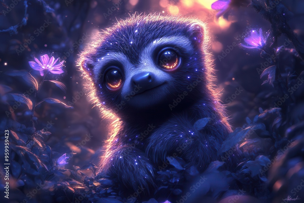 ethereal dark fantasy sloth glowing eyes mystical forest backdrop bioluminescent flora moonlit scene ethereal dark fantasy sloth glowing eyes mystical forest backdrop bioluminescent flora moonlit scene