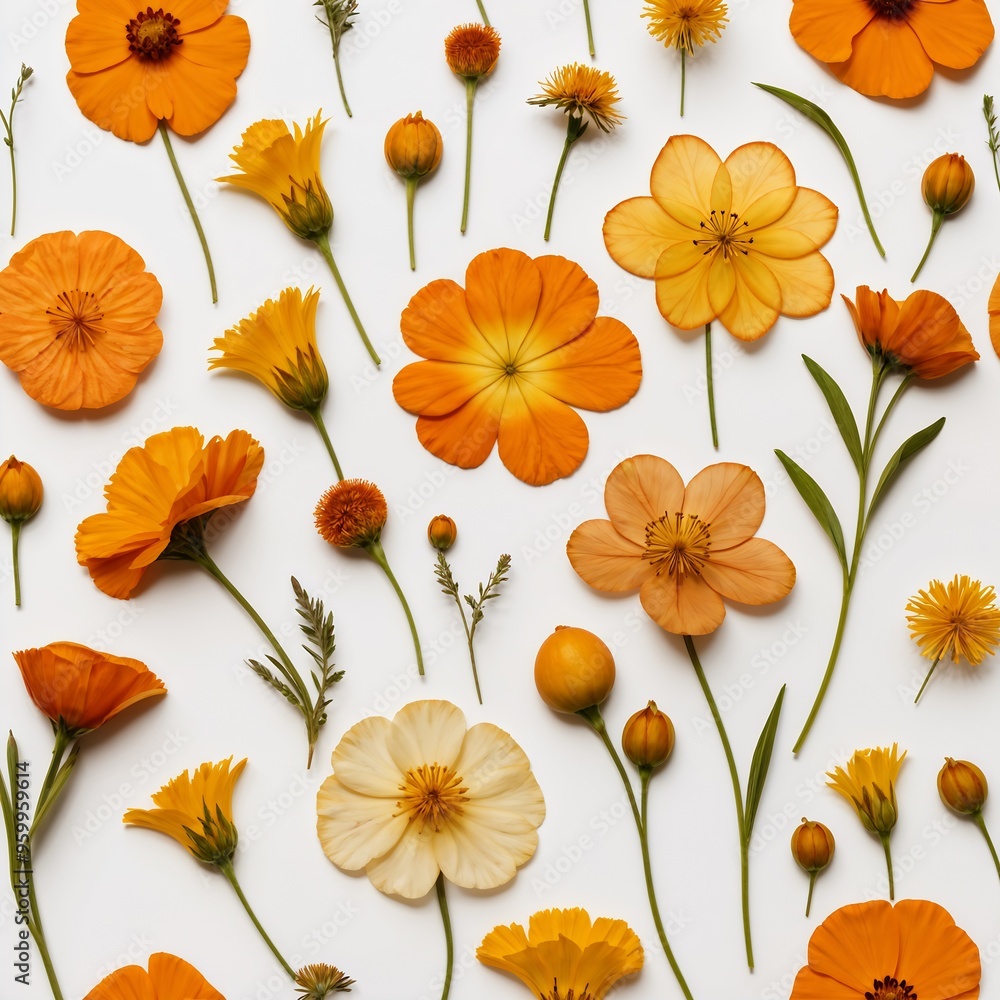 Vibrant Assortment of Pressed Orange and Yellow Flowers, Beautiful Assorted Pressed Orange and Yellow Flowers on Clean White Background. Vibrant Assortment of Pressed Orange and Yellow Flowers, Beautiful Assorted Pressed Orange and Yellow Flowers on Clean White Background.