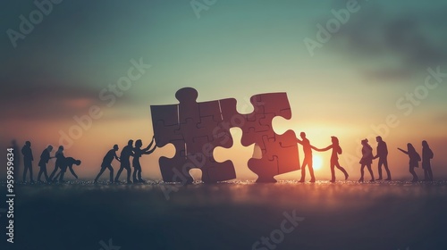 Silhouettes of People Working Together to Complete a Puzzle at Sunset