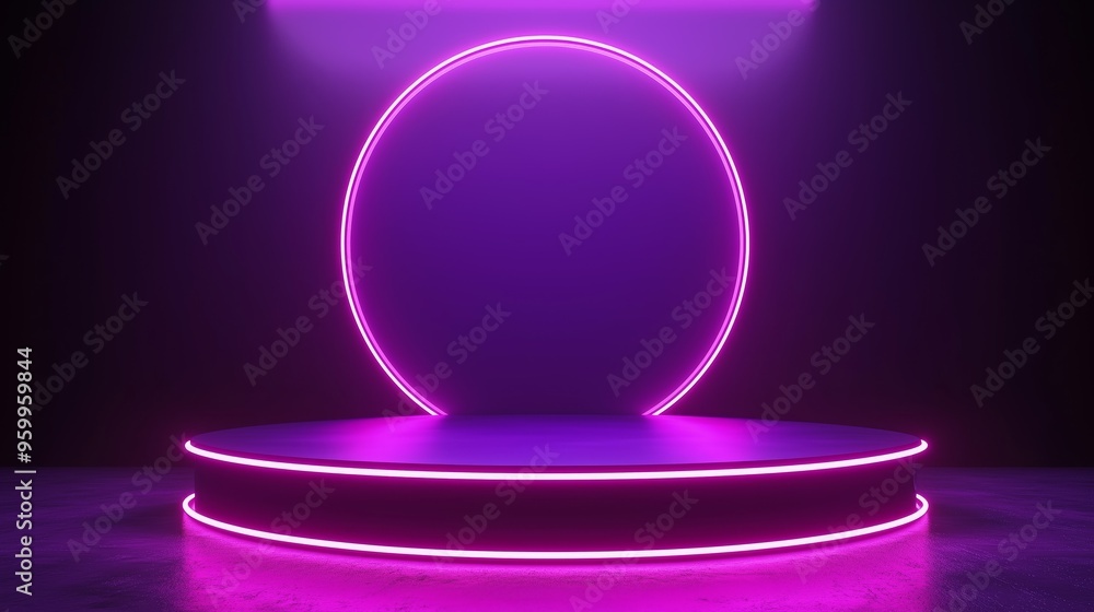 A sleek 3D podium with a large empty area, surrounded by neon glow effects, set against a dark purple background, ideal for nightlife and entertainment advertising A sleek 3D podium with a large empty area, surrounded by neon glow effects, set against a dark purple background, ideal for nightlife and entertainment advertising