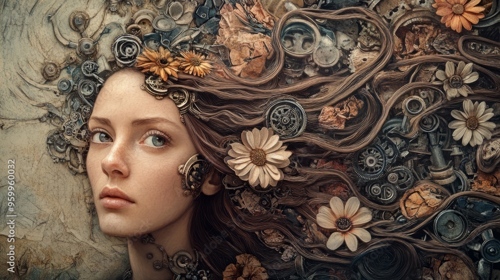 Cyberpunk Beauty: Woman with Mechanical Flowers and Intriguing Gaze - AR Portrait Cyberpunk Beauty: Woman with Mechanical Flowers and Intriguing Gaze - AR Portrait