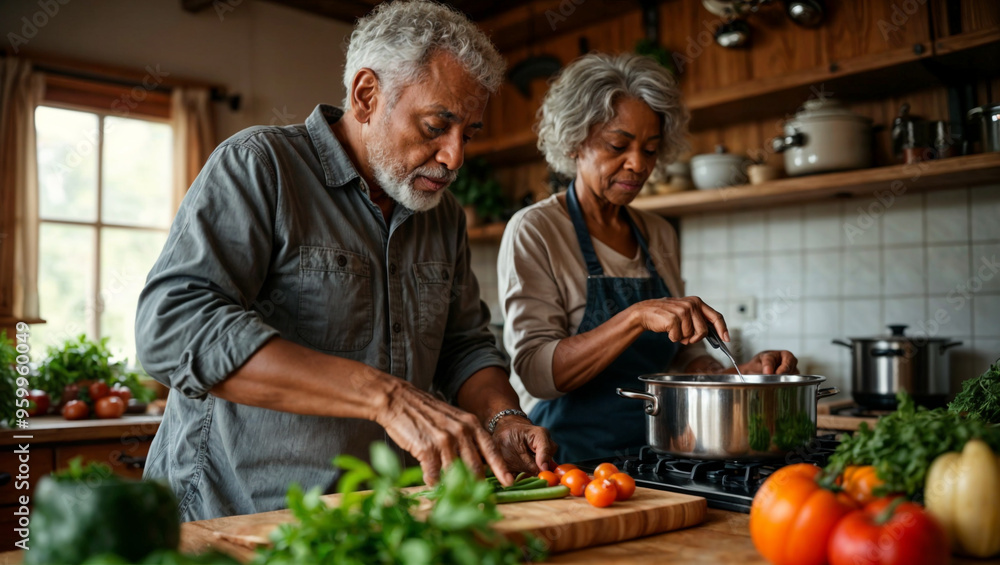 Horizontal Illustration of Black Couple Cooking Together in Rustic Kitchen for Culinary Design Projects Horizontal Illustration of Black Couple Cooking Together in Rustic Kitchen for Culinary Design Projects
