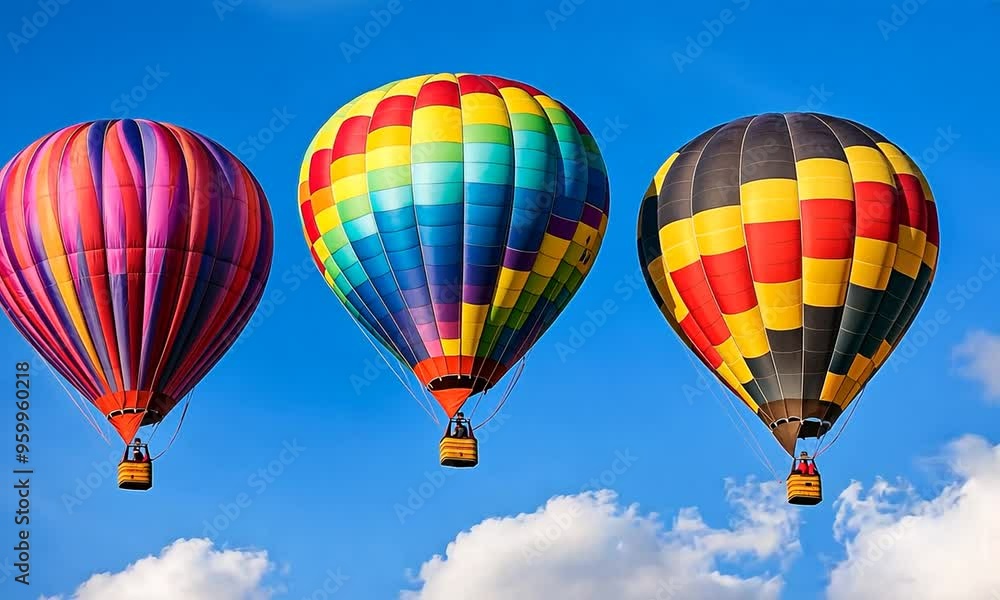 Three Hot Air Balloons Soaring Through the Blue Sky Three Hot Air Balloons Soaring Through the Blue Sky