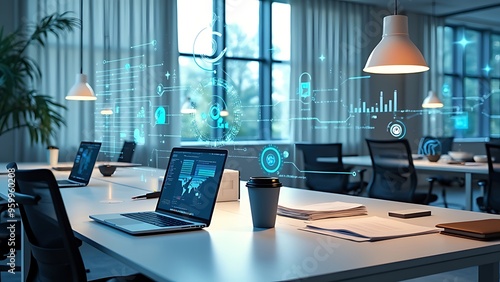 Modern office and communication network concept. Statistics of business. Management strategy.
