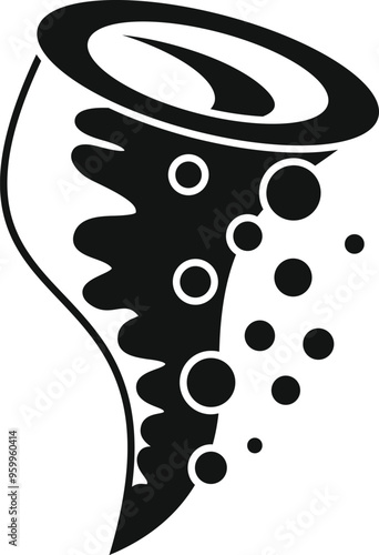 Black silhouette of a tornado rotating and moving with debris and air bubbles
