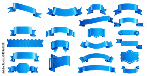 Set of realistic 3d Ribbons and tags. Cartoon 3d blue ribbons collection isolated white background.