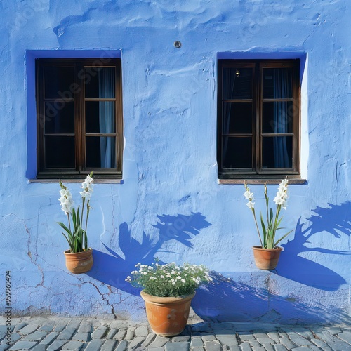 blue wall with pots under the window