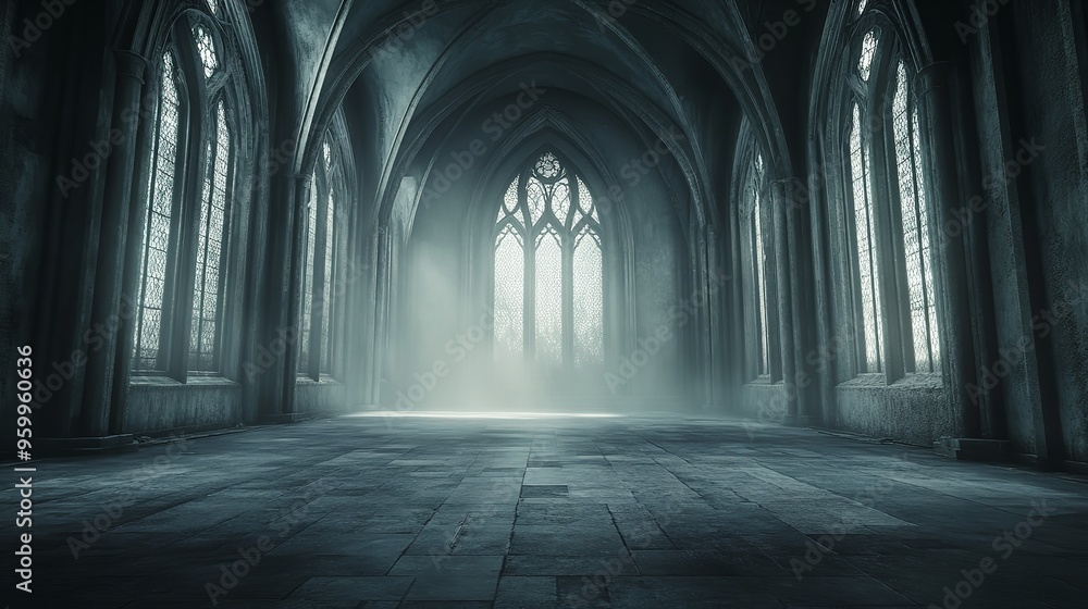Obraz premium sunlight shining through a cathedral window into a stone floor