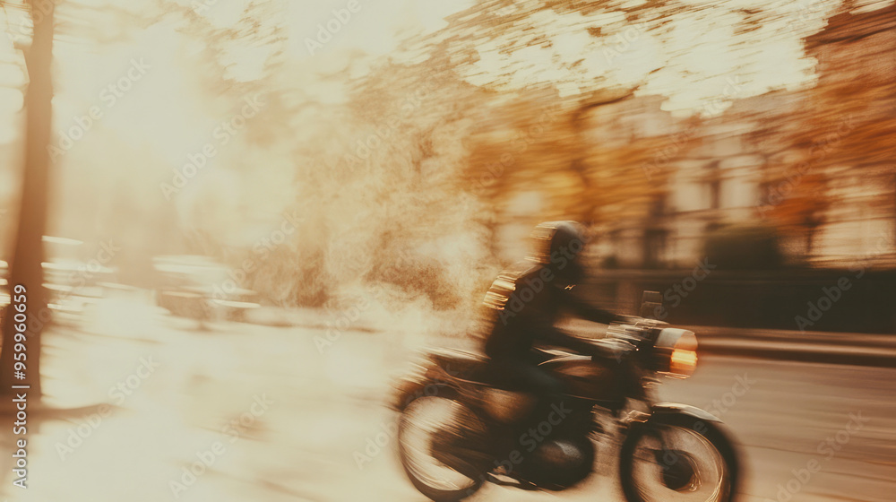 Obraz premium A motorcyclist is seen riding quickly through a city street, the image softened with a blur effect, highlighting the rapid movement and the essence of a bustling urban life.