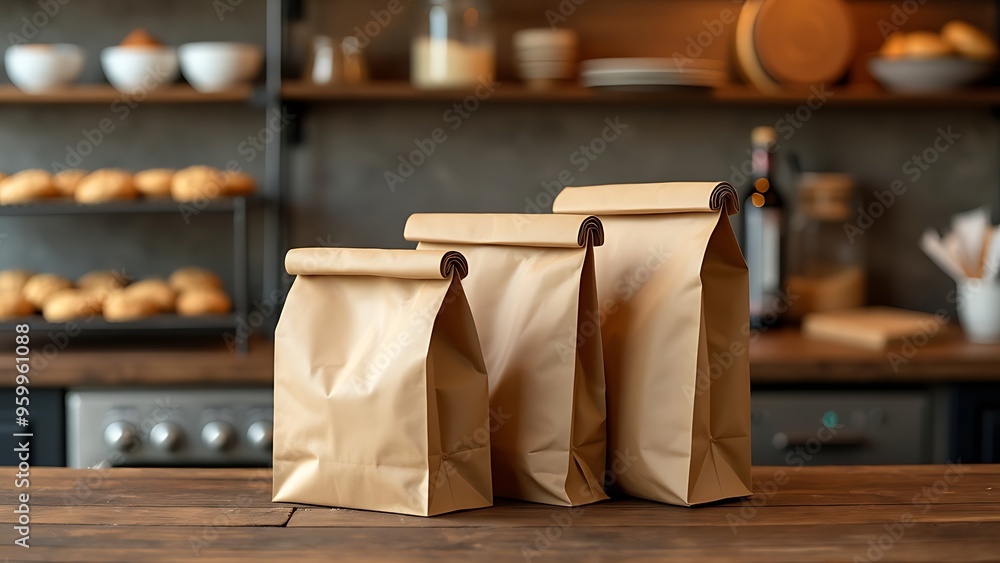 A row of blank craft paper bag packaging with soft cookies inside Mockup template Kraft paper zipper Pouch packaging for bakery snacks on wooden shelf A row of blank craft paper bag packaging with soft cookies inside Mockup template Kraft paper zipper Pouch packaging for bakery snacks on wooden shelf
