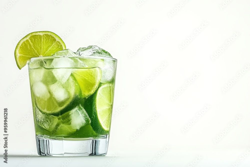 Refreshing Cold Cocktail with Lime, Ice Cubes, and Green Syrup Isolated on White Background Refreshing Cold Cocktail with Lime, Ice Cubes, and Green Syrup Isolated on White Background