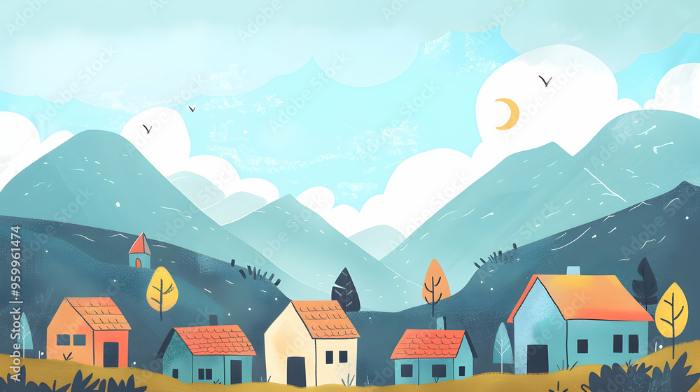illustration of a landscape with mountains, sky and village houses illustration of a landscape with mountains, sky and village houses