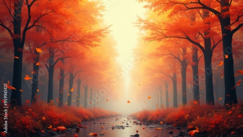 a painting of a river surrounded by trees and grass with a sunset in the background and birds flying over the water, Generative AI, Cinematic, style