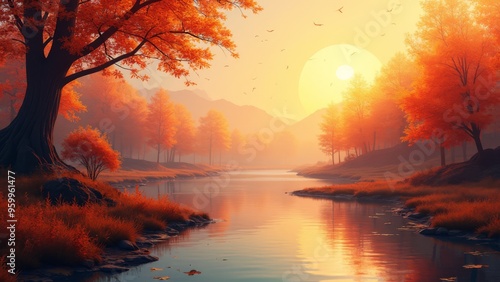 a painting of a river surrounded by trees and grass with a sunset in the background and birds flying over the water, Generative AI, Cinematic, style