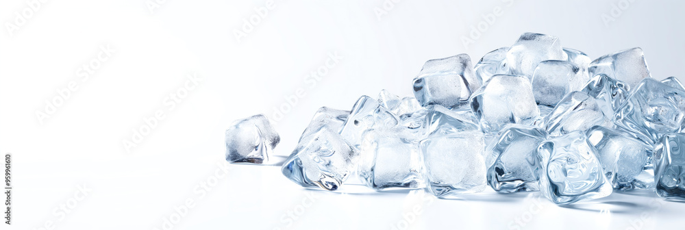 A pile of melting ice cubes on white background. Wide view of frozen crushed ice. A pile of melting ice cubes on white background. Wide view of frozen crushed ice.