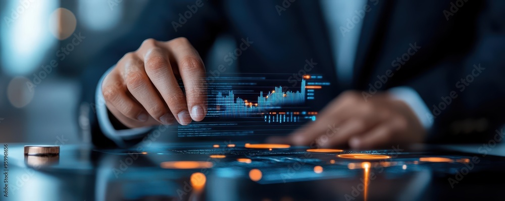 Business analyst reviewing a digital debt forecast graph with projected growth, highlighting future financial trends Business analyst reviewing a digital debt forecast graph with projected growth, highlighting future financial trends
