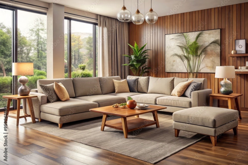 The living room boasts a stylish sectional sofa, armchair, and ottoman in neutral hues, paired with rich wood The living room boasts a stylish sectional sofa, armchair, and ottoman in neutral hues, paired with rich wood