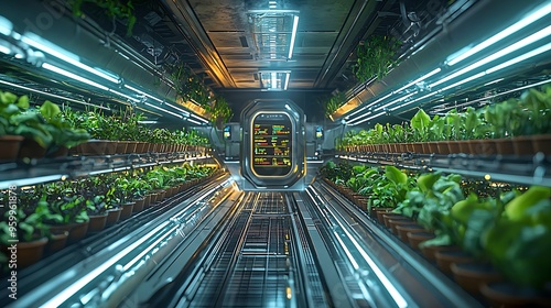 Fototapeta Naklejka Na Ścianę i Meble -  A futuristic hydroponic farm where green plants flourish under LED lighting in a controlled environment.